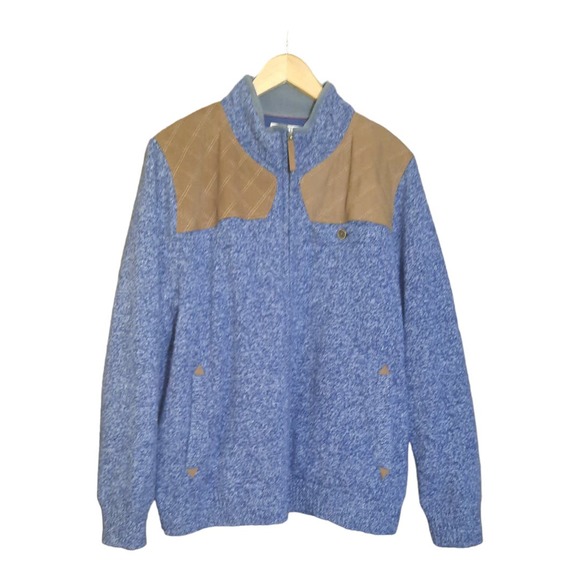 Duluth Mens Shetland Wool Windproof Zip Sweater Blue Brown Size XL